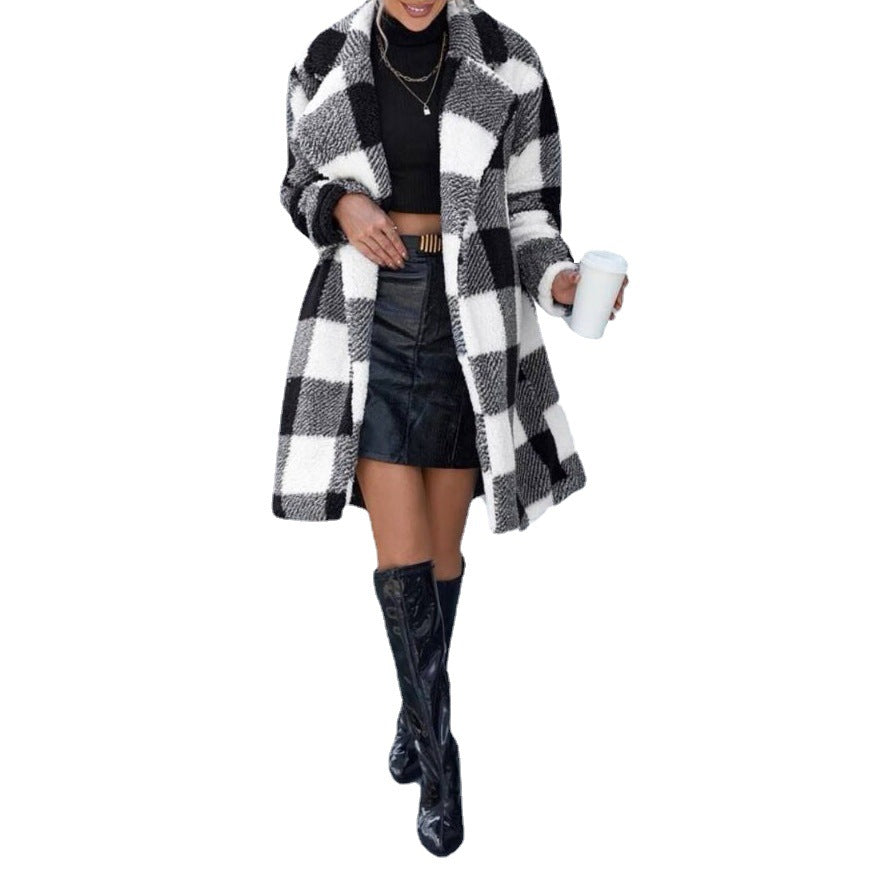 Women's Amazon AliExpress Independent Station Autumn and Winter Long Lapel Plaid Plush Jacket