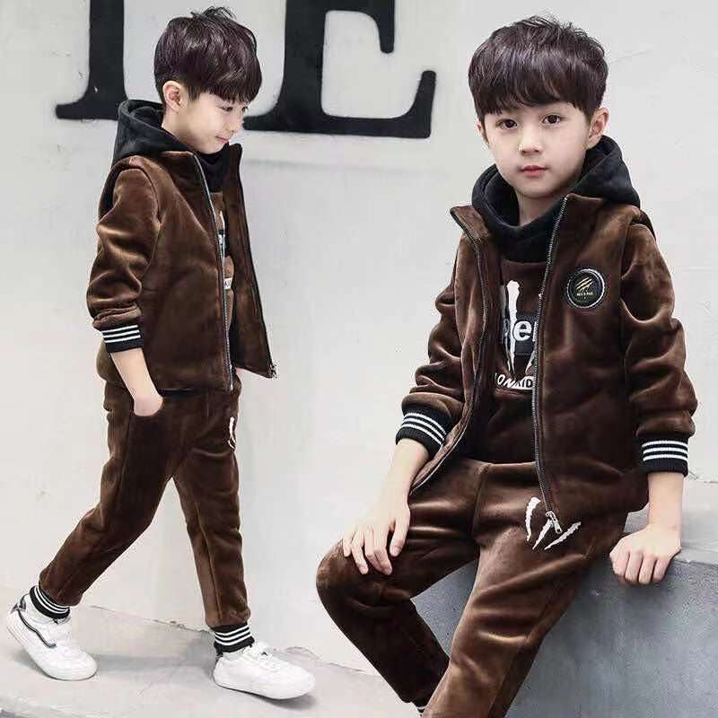 A boys autumn and winter suit new fleece thickened sweater three-piece set medium and older children's Korean version double-sided fleece children's clothing