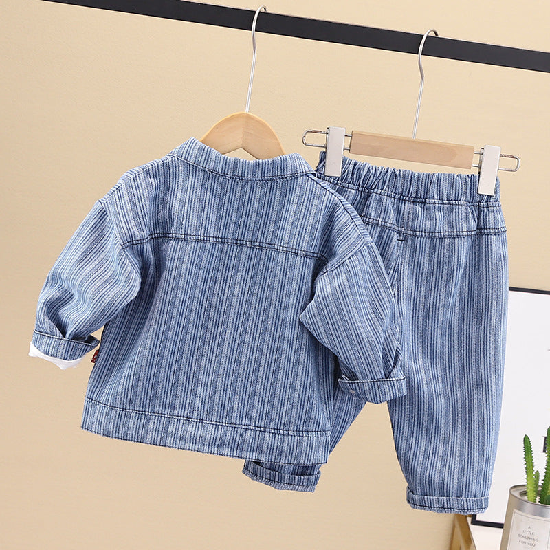 Boy's Spring Suit Baby Tide Spring Children's Clothes Boy's Spring and Autumn Vertical Strip Smiley Denim Three-piece Set for Babies and Children 0.3kg