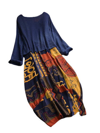 Women's floral fake two piece dress loose large size casual printed solid color midi skirt