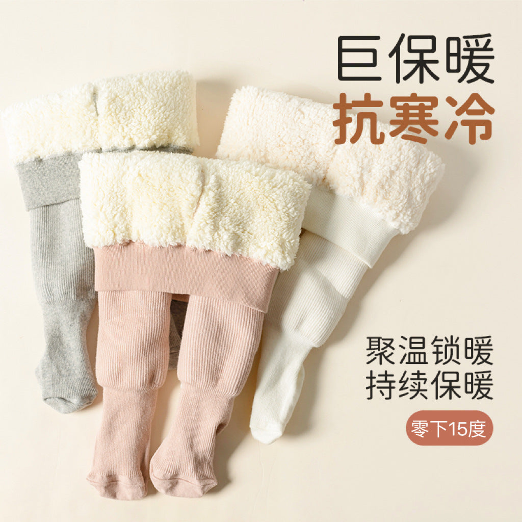 A girls pantyhose autumn and winter children's leggings fleece thickened northeast lamb fleece baby pantyhose baby wear