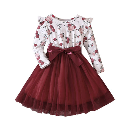 Nuevo vestido de malla estampado de manga larga con mangas voladoras para niñas de primavera y otoño para niños de escuela primaria y secundaria 0,11 kg 