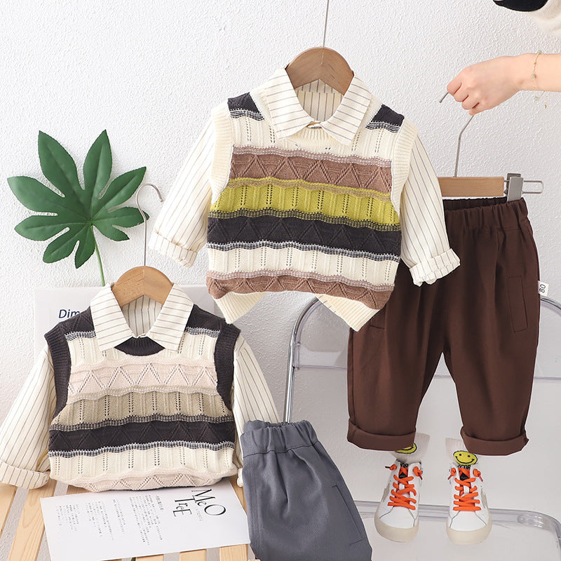 A 2024 new children&#039;s striped vest three-piece suit girl autumn boy Korean version of men&#039;s treasure clothes children&#039;s clothing 0.3KG