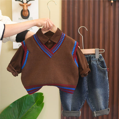 A new spring clothes boys casual foreign style baby contrasting color V-neck sweater vest three-piece set manufacturer wholesale