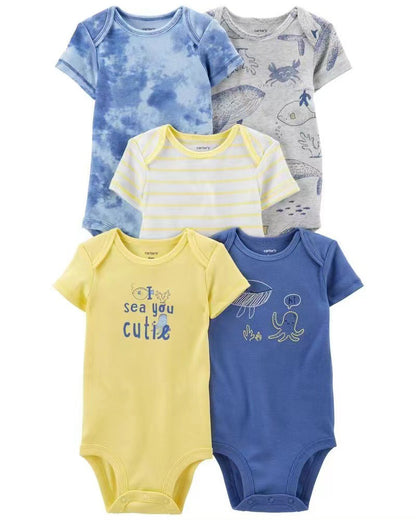 Children's summer new infant short-sleeved triangle clothes crawling clothes, five baby onesies, price for 5 piece 0.28kg