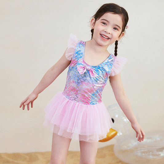 Traje de baño para niña, traje de baño de aguas termales estilo falda de sirena de una pieza para niños pequeños y medianos, elegante traje de baño lindo para bebé al por mayor 