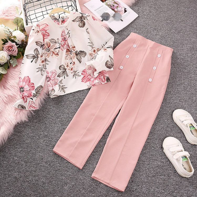 popular girls' suit,  spring new children's clothing printing, long-sleeved top, trousers, foreign trade children's clothing, 0.18kg