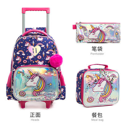 A Cross border New Fantasy Cartoon 16 inch Elementary School Universal Rod School Bag Three Piece Set with Reduced Load and Breathable Children's Book Bag