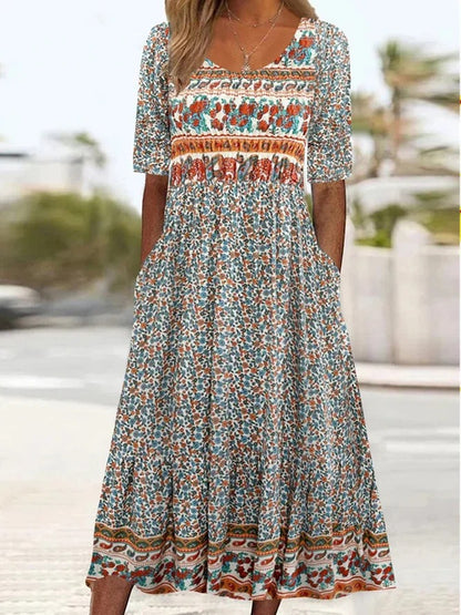 A 2024 Europe, America, Amazon Summer New Women's Crew Neck Short Sleeve Long Dress Bohemian Print Dress Women