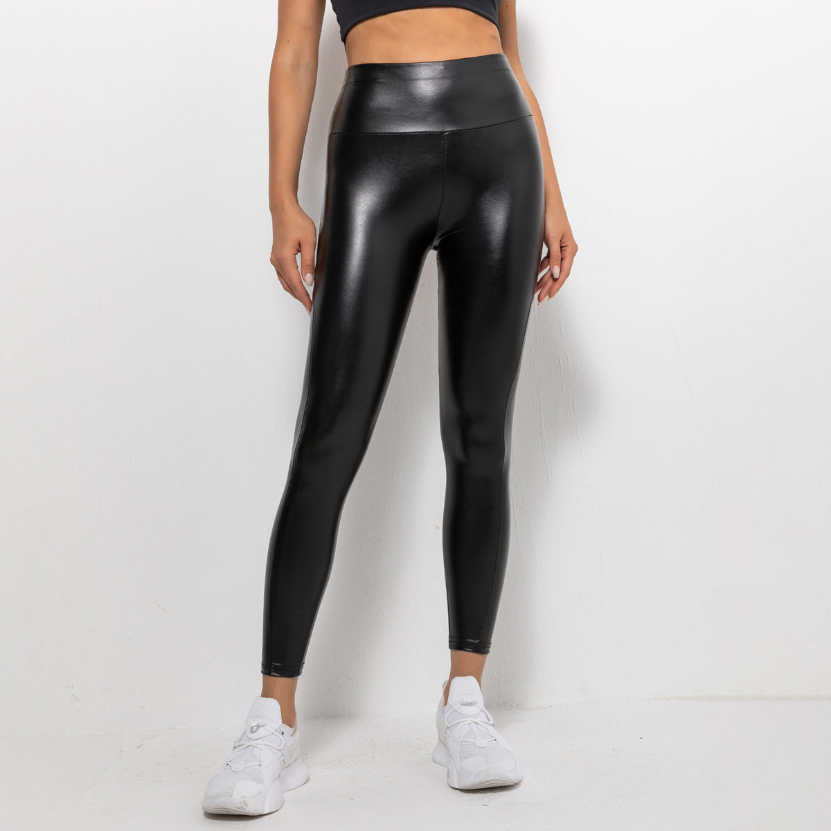 Spot cross-border new European and American cross-border PU leather pants high elastic solid color bright black tight (MOtrousers running fitness yoga pants(MOQ:3PIECE,If less quantity need charge 1usd extra express fee)