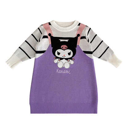 A new girl fake two-piece dress autumn and winter thermal cotton dress cute cartoon character versatile purple princess