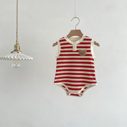 Vestido de verano para niños, sin mangas, con bolsa, ropa para bebés, versión coreana, chaleco de oso a rayas, mono, ropa de paseo para bebés 