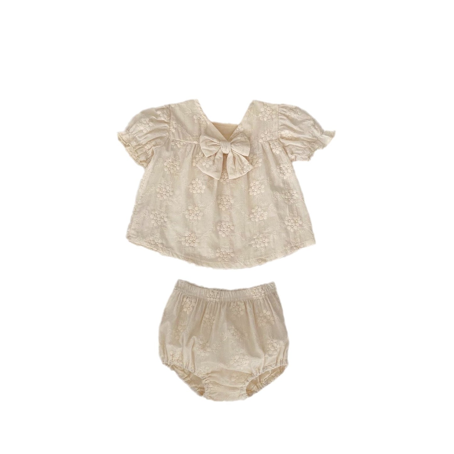 A 2024 summer ins baby 0-3 years old baby girl embroidered lantern short-sleeved top + briefs 2-piece set