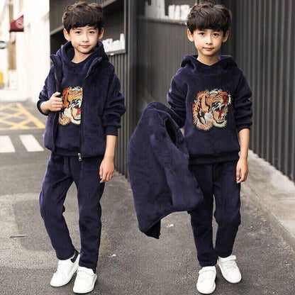 A boys autumn and winter suit new fleece thickened sweater three-piece set medium and older children's Korean version double-sided fleece children's clothing