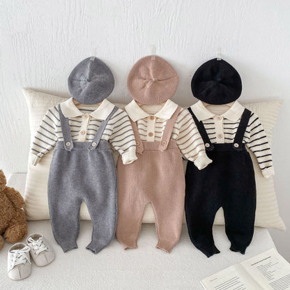 A Autumn and winter new children's clothing infant lapel striped long-sleeved cardigan waffle overalls trousers British two-piece set