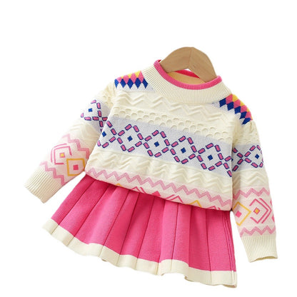 A girls sweater set autumn and winter new foreign fashion baby girl color matching knitted long-sleeved pullover two-piece set