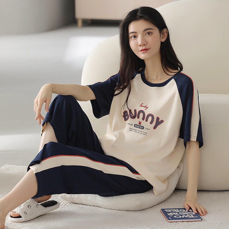 A pajamas women's summer cartoon pure cotton short-sleeved cropped pants casual loose round neck can be worn outside summer loungewear suit