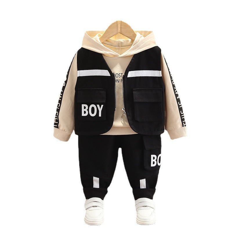 A children's clothing boys spring and autumn long-sleeved set baby 1-4 years old vest cardigan overalls three-piece set manufacturer wholesale 2