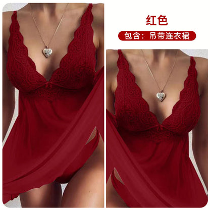 A Crispy Emotional and Fun Underwear for Foreign Trade in Europe and America, Export of Hanging Straps for Women's Sexy Lace Perspective, Elegant and Sexy Pajama Set