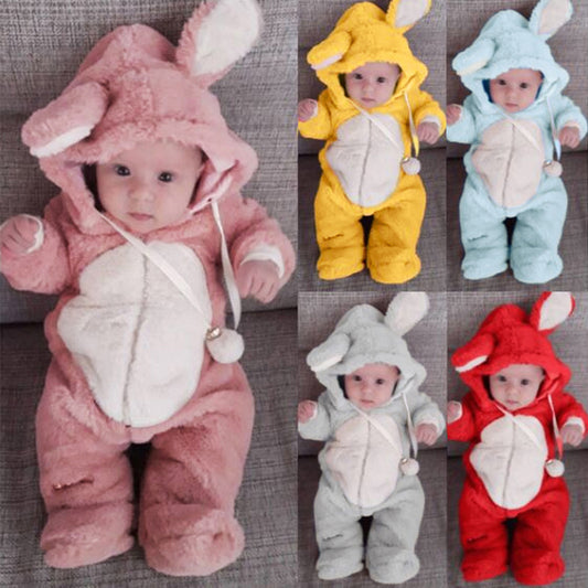 A boys and girls, children, Europe, America, spring, autumn and winter, long-sleeved rabbit hooded thickened jumpsuit, foot-wrapped Romper children's clothing