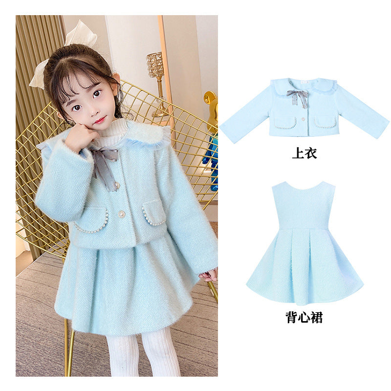 A girls dress set autumn and winter foreign style fashionable small fragrant style baby coat children's princess dress two-piece set