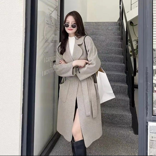 A autumn and winter new double-sided woolen coat women's lace-up medium and long Korean version loose fashion thin coat