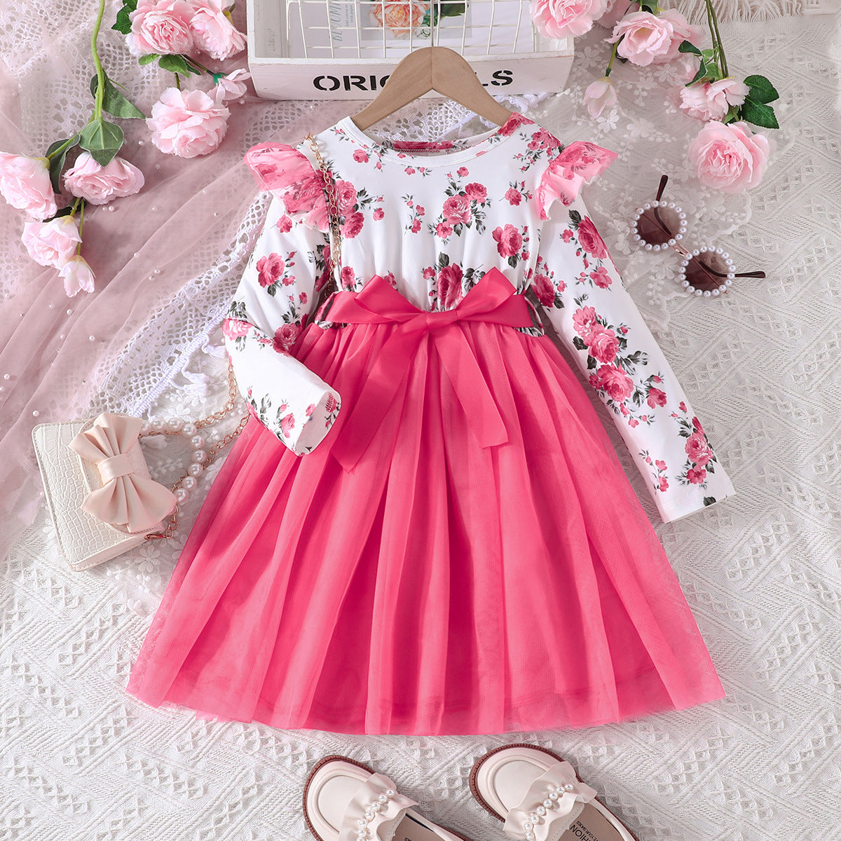 Vestido de gasa de manga larga con costura y estampado de flores para niña de verano, 0,17 kg 