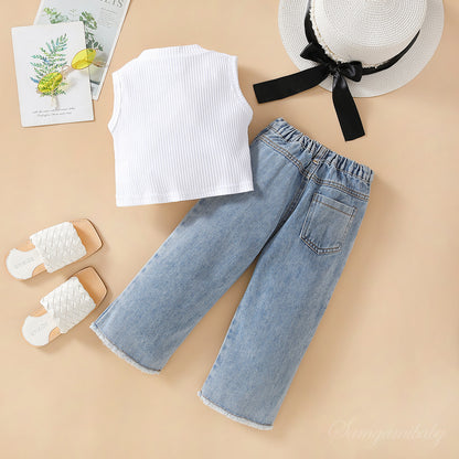 Ropa para niños INS Primavera/Verano Nuevo conjunto para niñas Tallas pequeñas y medianas Conjunto de dos piezas sin mangas con camiseta corta y jeans perforados 0,3 kg 