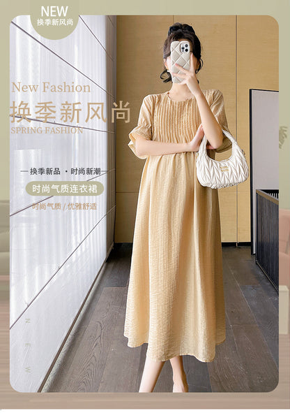 A maternity dress summer new design bubble sleeves heavy industry pleated skirt summer loose thin long dress