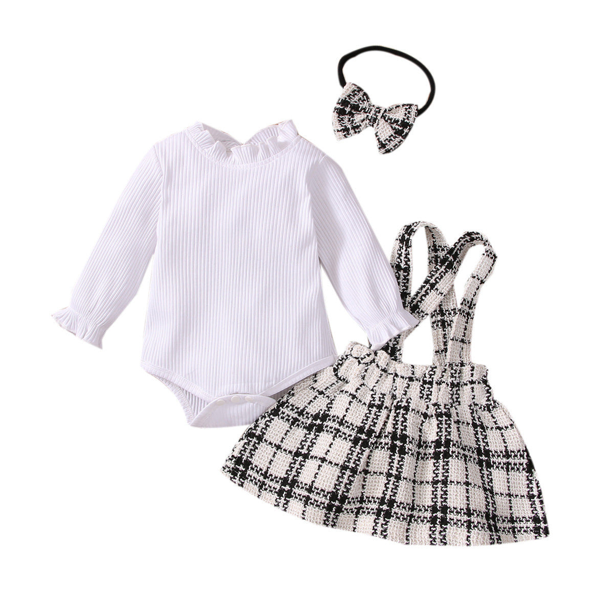 Conjunto de camisa a cuadros blanca bonita para niña, vestido colgante con camisa blanca con forma de corazón, conjunto de tres piezas, venta al por mayor, 0,26 kg 