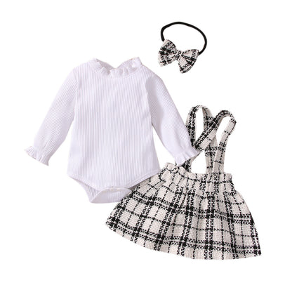 Girl's Cute White Plaid Shirt Set Sweetheart White Shirt Hanging Dress Three Piece Set Wholesale 0.26kg