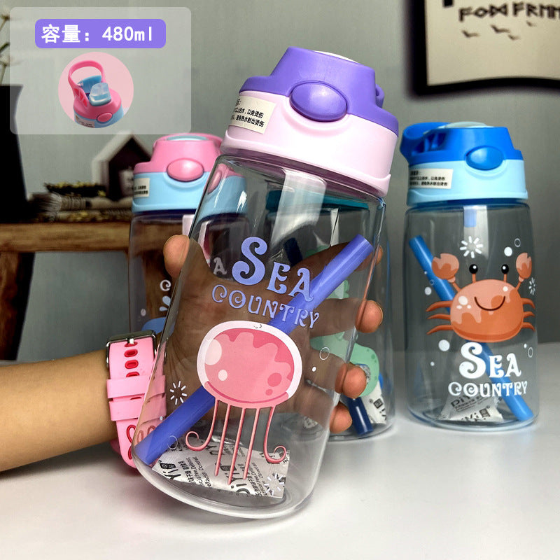 A net red plastic water cup cartoon children's straw cup strap summer high value schoolgirl water bottle bouncing cup wholesale