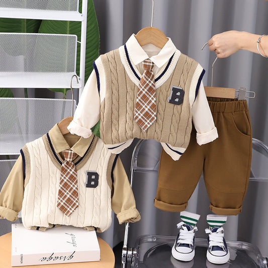 A Boys College style knitted vest with bow tie three-piece set, factory wholesale autumn set, foreign style fashionable model