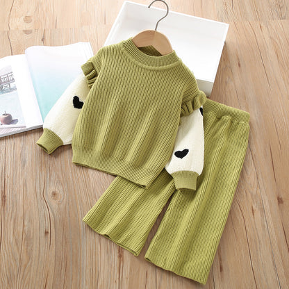 A girls sweater set autumn new Korean version fashionable little girl knitted fake two-piece long-sleeved two-piece pants