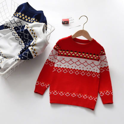 A factory direct sales of new European, American autumn and winter children's plaid sweater double-layer boy baby pullover bottoming knitted sweater