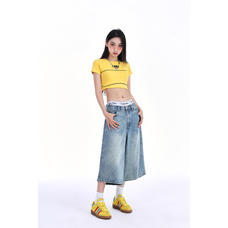 A American retro jeans women's summer new wide-legged straight-leg low-rise slim street trend cropped pants