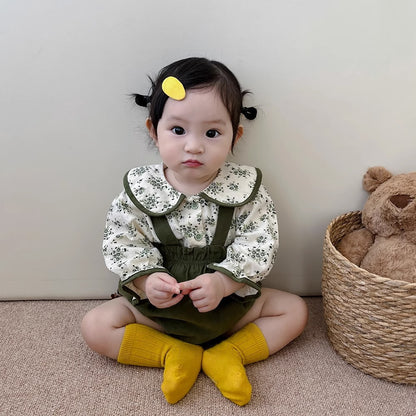 Traje de bebé nuevo estilo occidental coreano ropa de muñeca bebé camisa floral top con tirantes bolsa pantalones pedo traje de dos piezas 