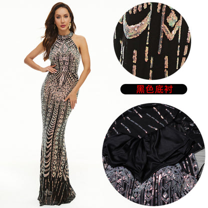 A 2024 new sequined banquet evening dress dress femininity socialites annual meeting host sexy neck fishtail long