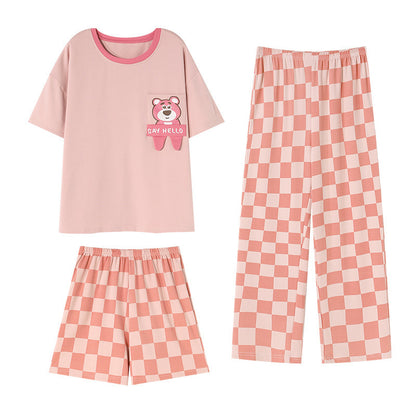 A pajamas women's three-piece set of pure cotton summer short-sleeved trousers cartoon cute can be worn outside 2024 new loungewear summer