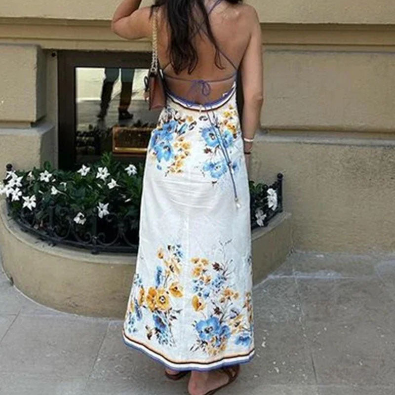 Un vestido de mujer con cuello colgante y estampado elegante de mar para vacaciones sin mangas con temperamento de moda de verano de Amazon 2024 