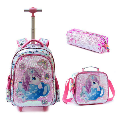 A Cross border New Bead Cute Cartoon Primary School Girl 16 inch Load Reduction Rod School Bag Children's Illusion Three piece Set