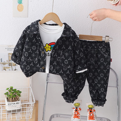 A boys' suit children's spring and autumn clothing 2024 new medium and small children's baby full-printed denim three-piece set boy Korean version tide