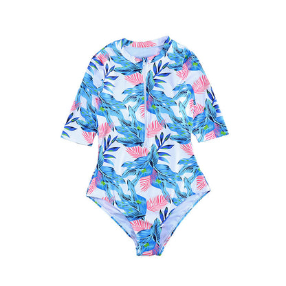 A new European and American chest zipper printed one piece swimsuit with half sleeves for slimming and quick drying. Surfing suit sexy bikini