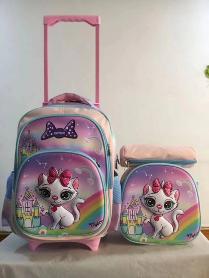 A three piece set of pull rod backpack, student 16 inch PU backpack, pencil case, medium backpack, children's backpack, three wheel square pole