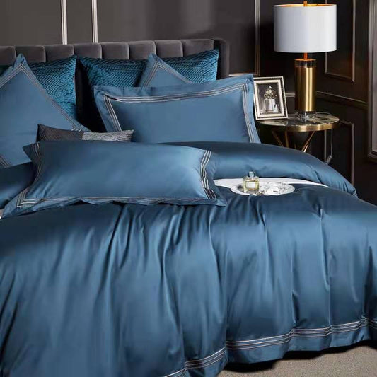 High end 180 thread long staple cotton four piece set of European light luxury all cotton satin high-density solid color hotel bedding