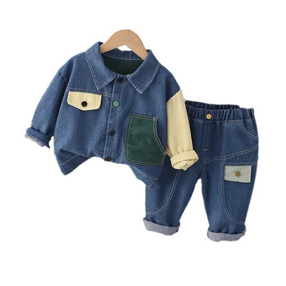 Conjunto de otoño nuevo para niños de 0 a 5 años, venta al por mayor, chaquetas vaqueras para niños de tamaño pequeño y mediano, pantalones casuales, conjunto de dos piezas para niños, 0,3 kg 