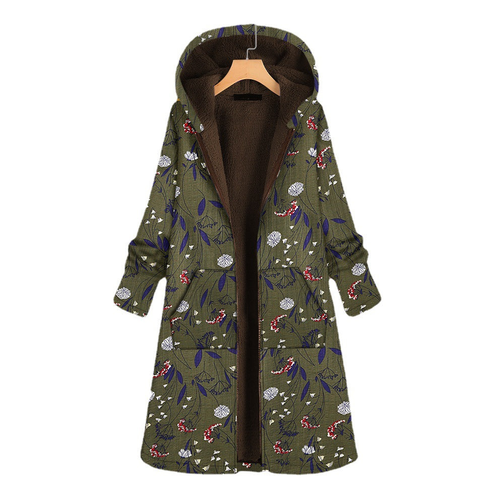 Autumn and winter thickened printed hooded slim long cotton coat warm jacket