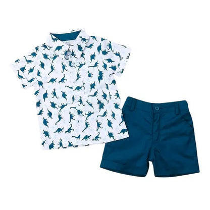 Dinosaur shirt set short sleeve shorts lower full print dinosaur shirt set yellow green solid color summer 0.12kg