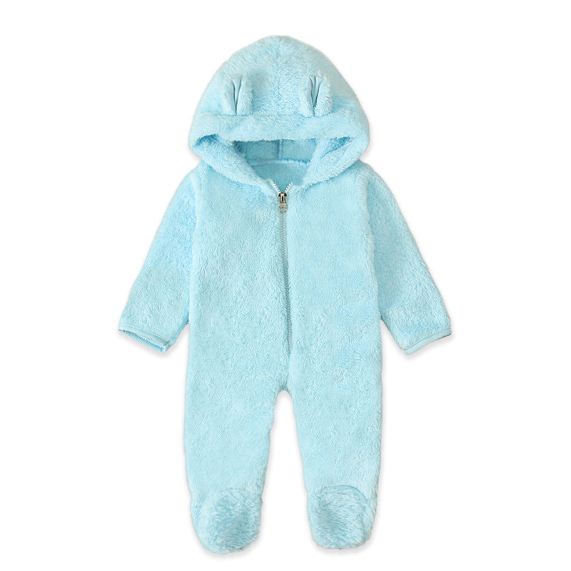 A Men, women and children, European and American spring and autumn winter cute solid color hooded fleece thickened foot-wrapped one-piece Romper children's clothing ins