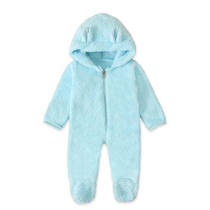 A Men, women and children, European and American spring and autumn winter cute solid color hooded fleece thickened foot-wrapped one-piece Romper children's clothing ins